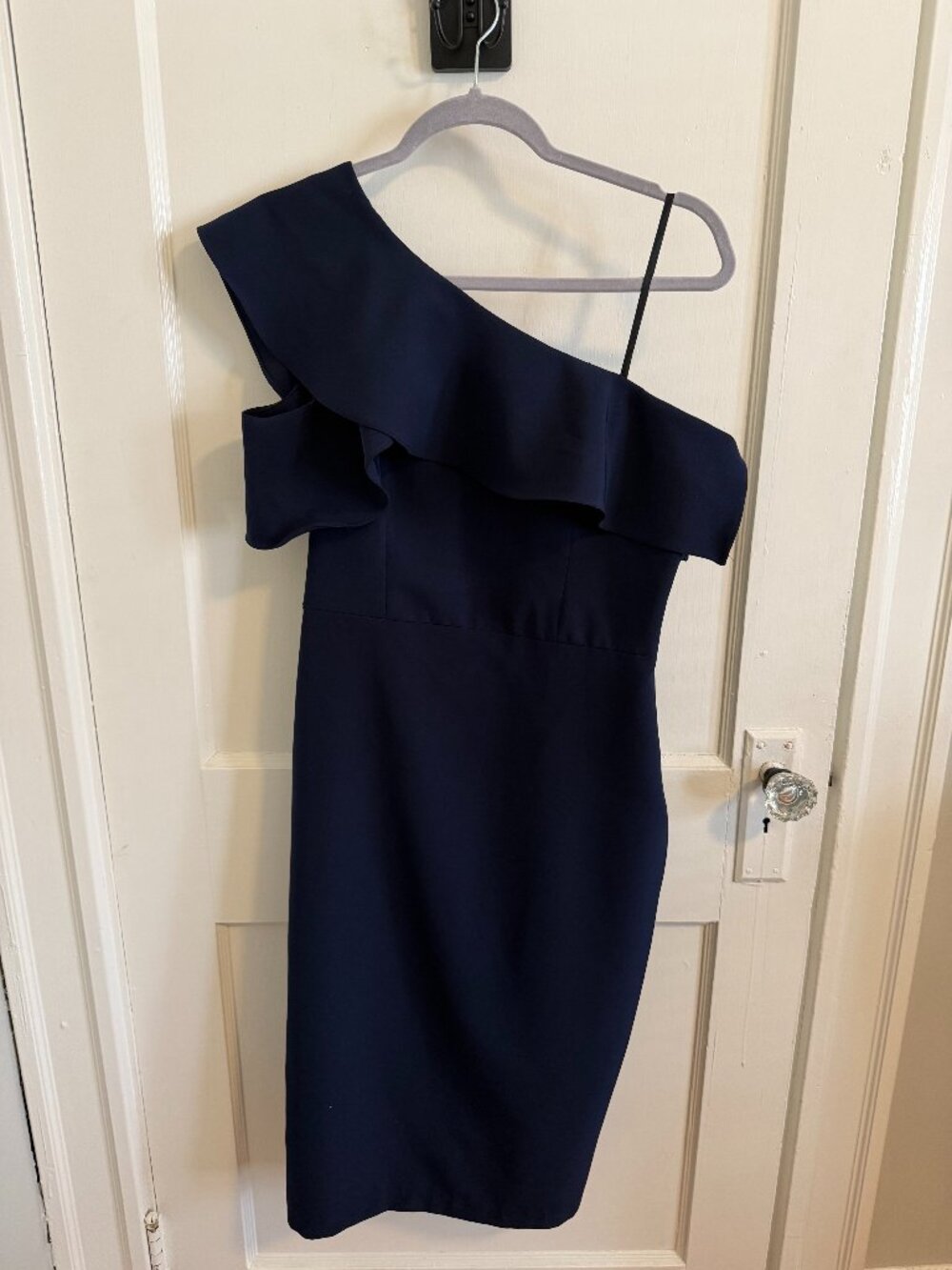 Maggie London Navy One Shoulder Dress – Ruffle Detail Cocktail Midi Dress Size 1
